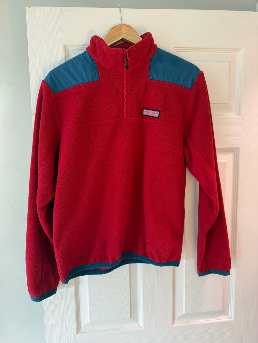 Vineyard Vines Red Fleece Quarter-Zip with Teal Shoulder Panels